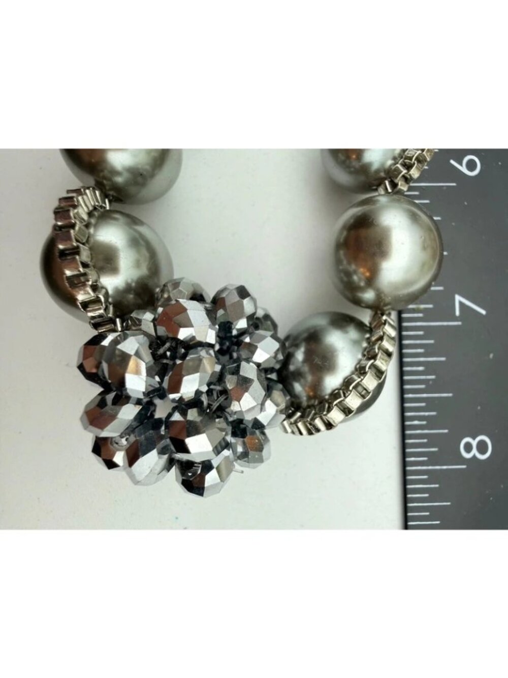 Statement Necklace Gray Faux Pearl Silver Tone Crystal Cluster Fashion Jewelry - Picture 7 of 7
